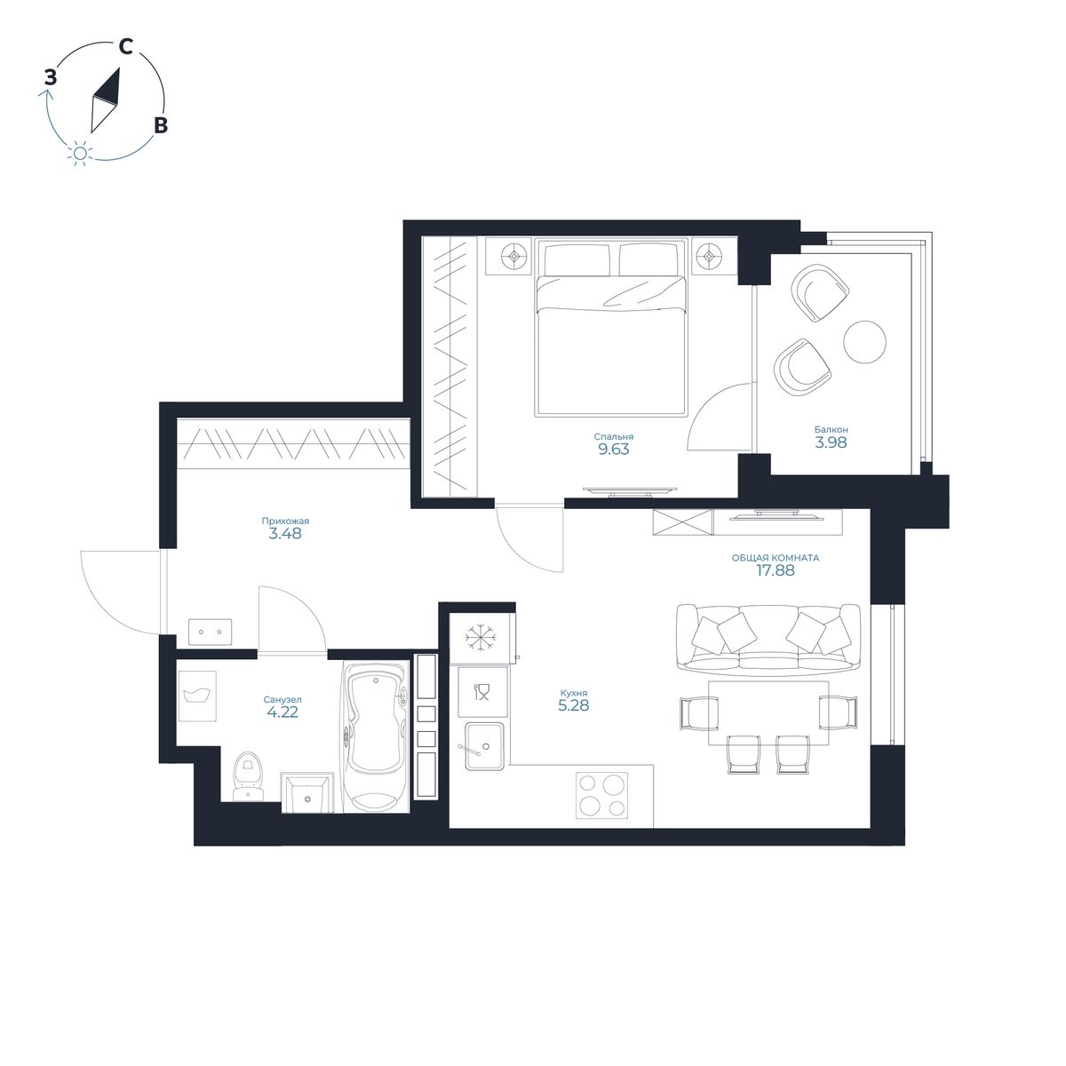 1-комнатная, 41.68 м², № 117 в Каскада