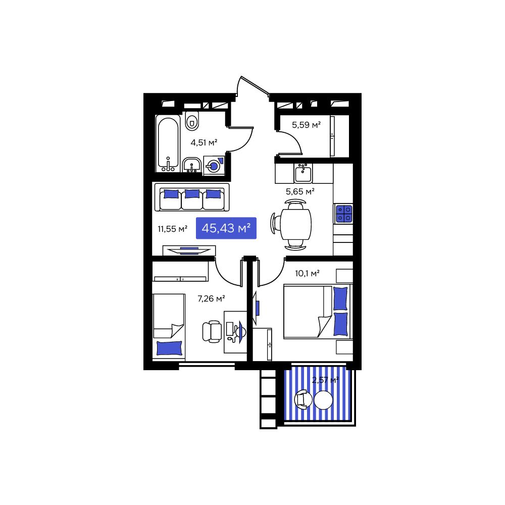 2-комнатная, 45.43 м², № 192 в Визионер