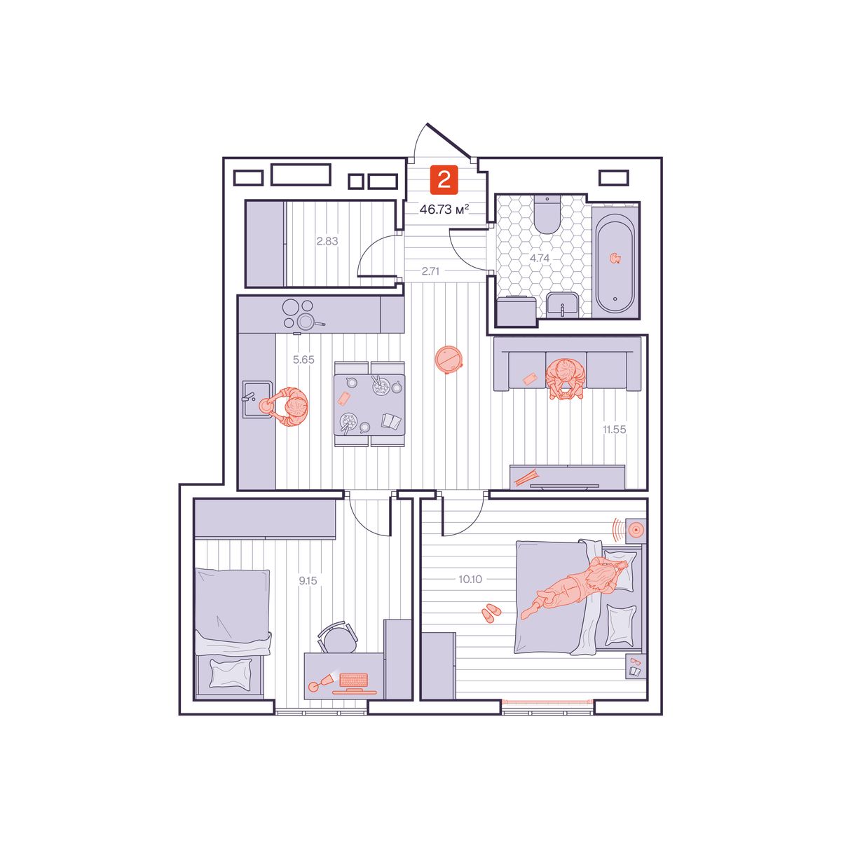 2-комнатная, 46.73 м², № 139 в Визионер