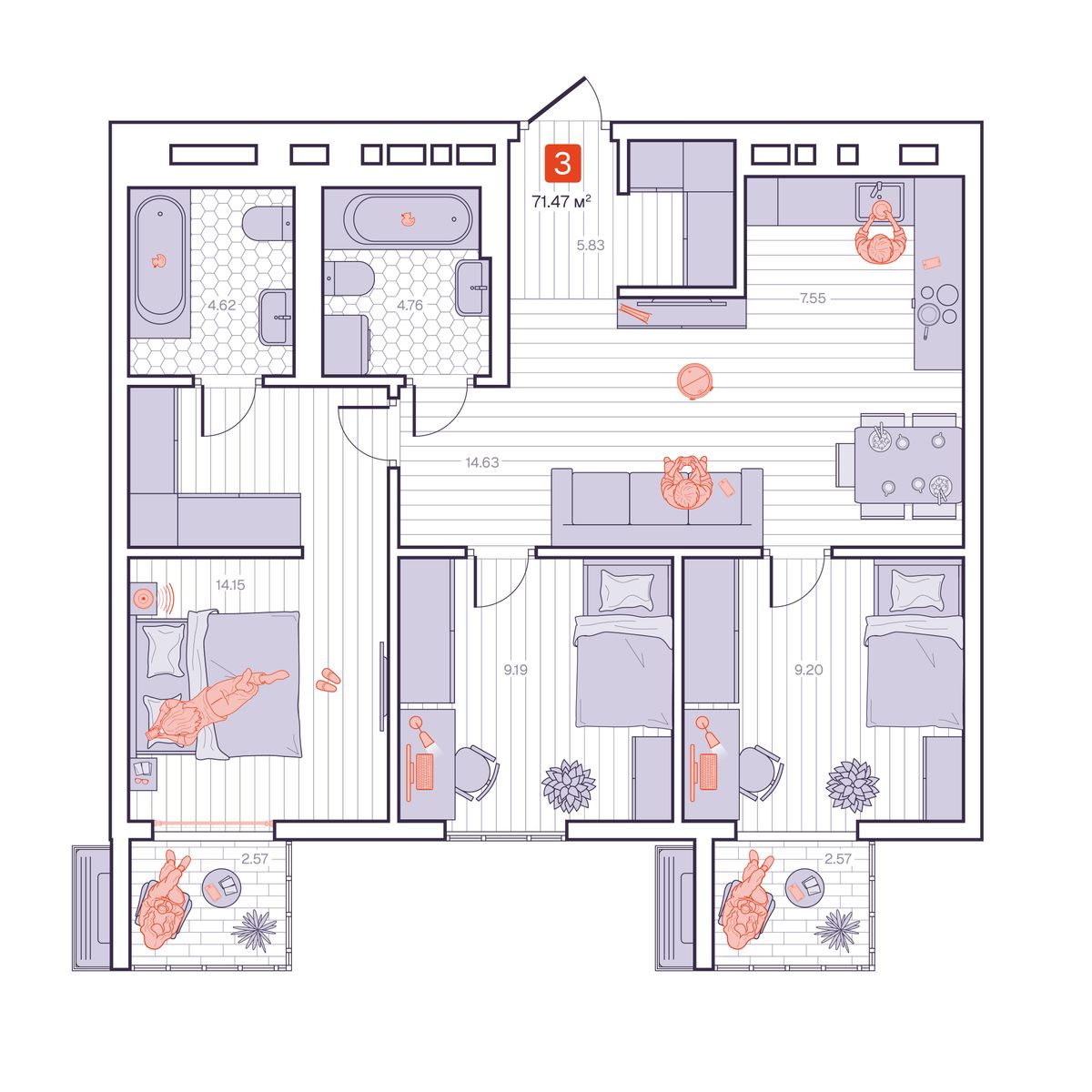 3-комнатная, 71.47 м², № 210 в Визионер
