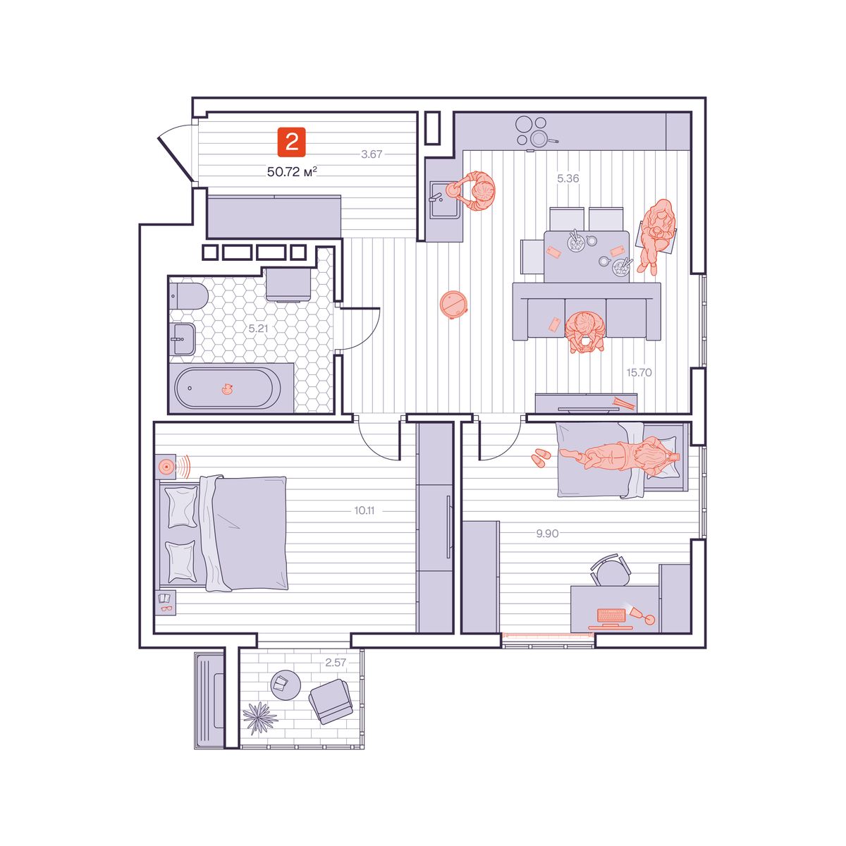 2-комнатная, 50.72 м², № 450 в Визионер