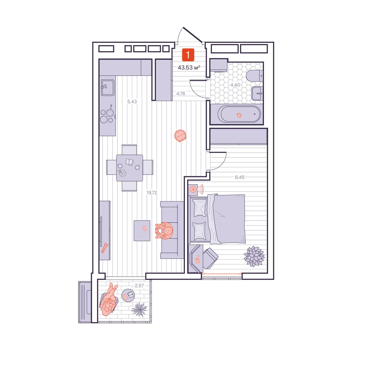 1-комнатная, 43.53 м², № 50 в Визионер
