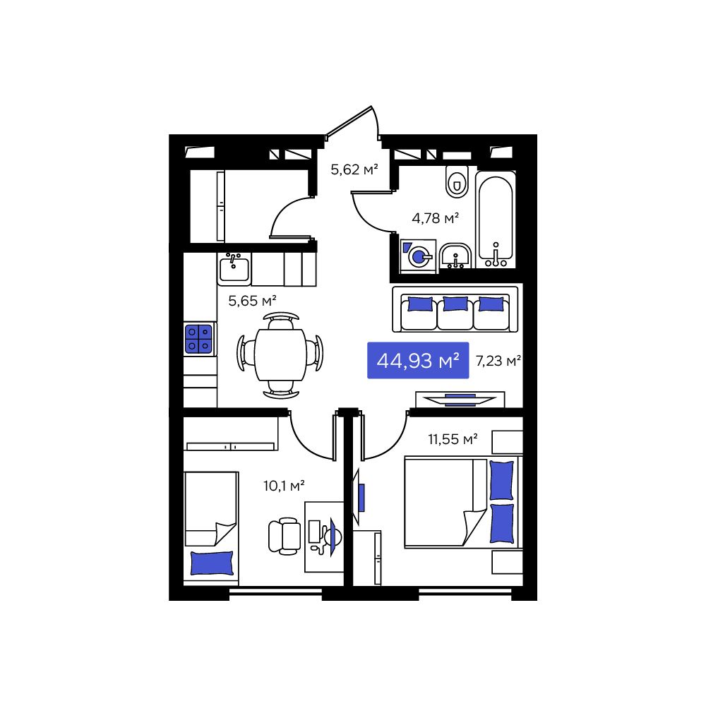 2-комнатная, 44.93 м², № 12 в Визионер