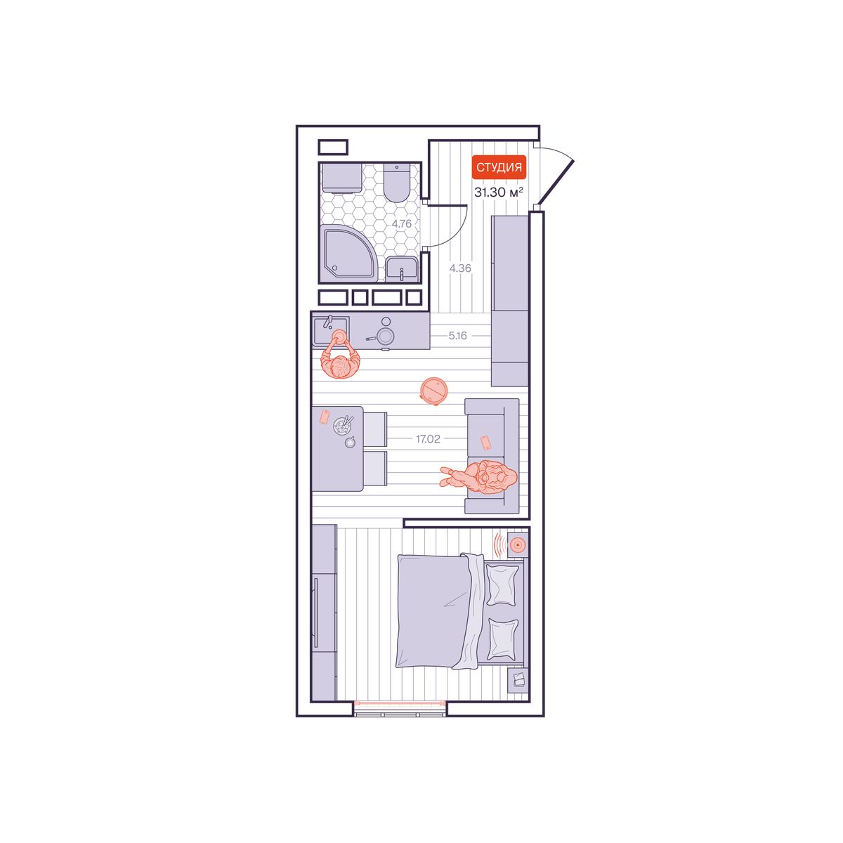 1-комнатная, 31.3 м², № 140 в Визионер
