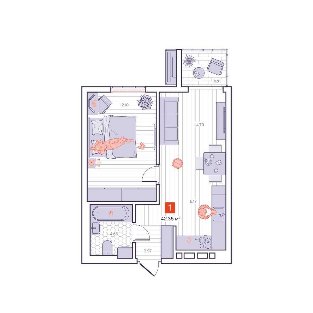 1-комнатная, 42.35 м², № 55 в Визионер