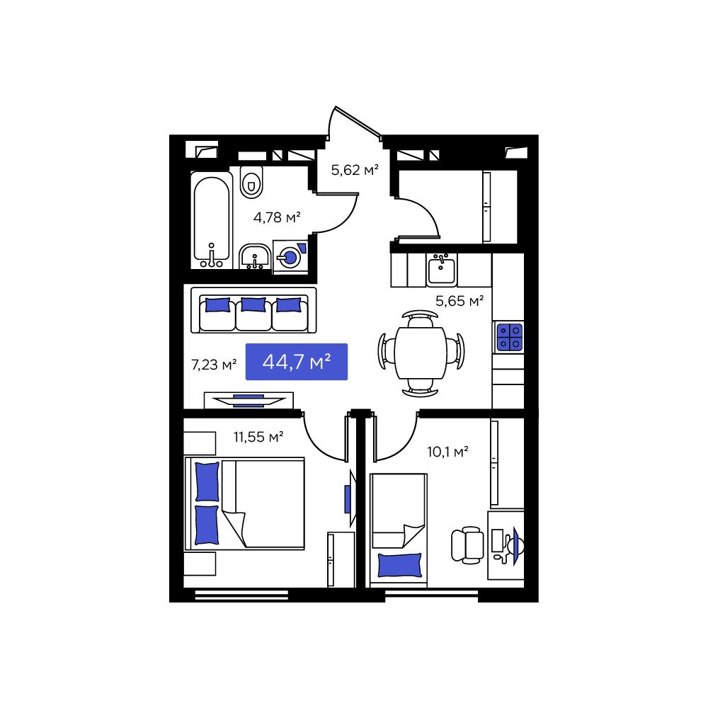 2-комнатная, 44.93 м², № 4 в Визионер