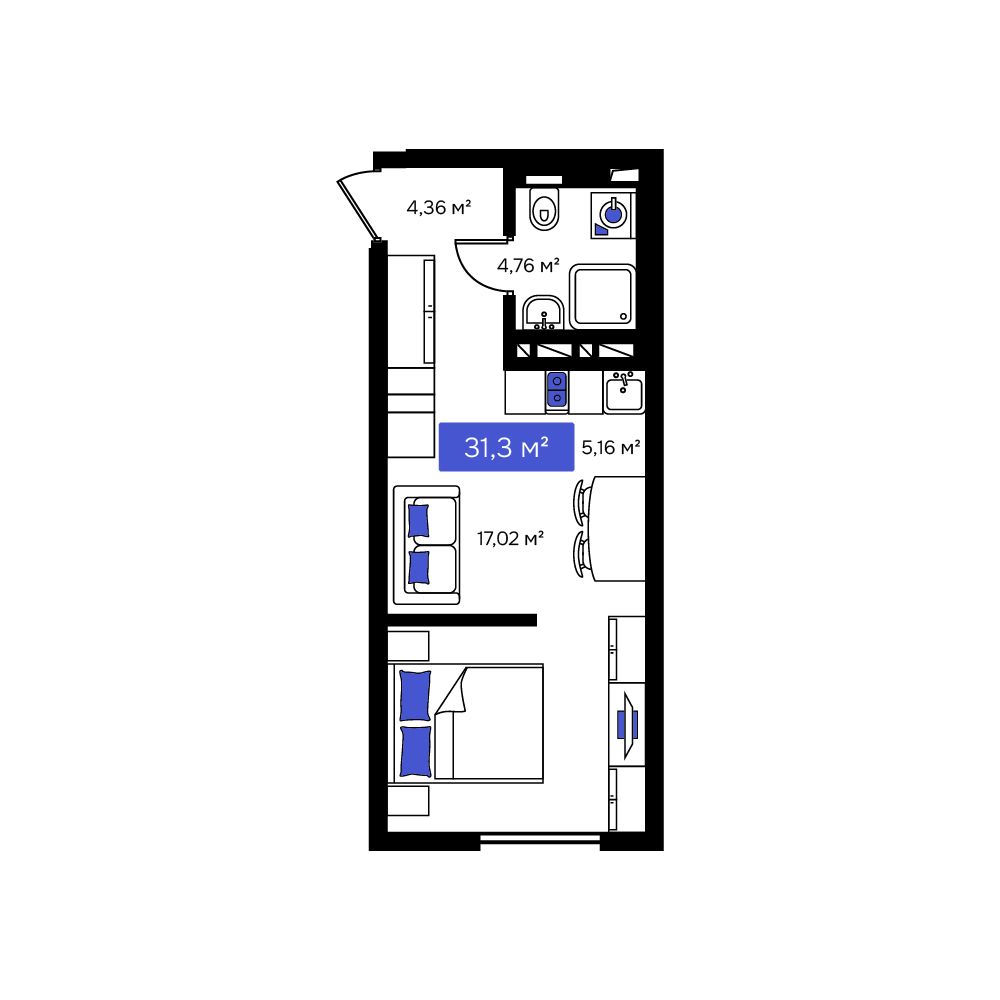 Студия, 31.3 м², № 3 в Визионер