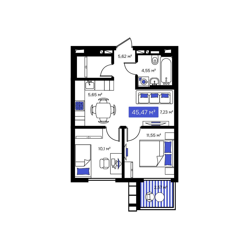 2-комнатная, 45.47 м², № 42 в Визионер
