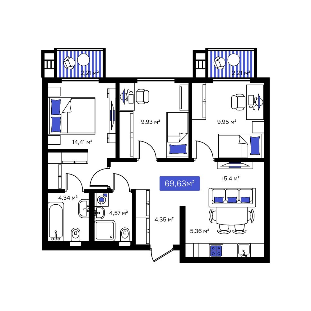 3-комнатная, 69.63 м², № 166 в Визионер