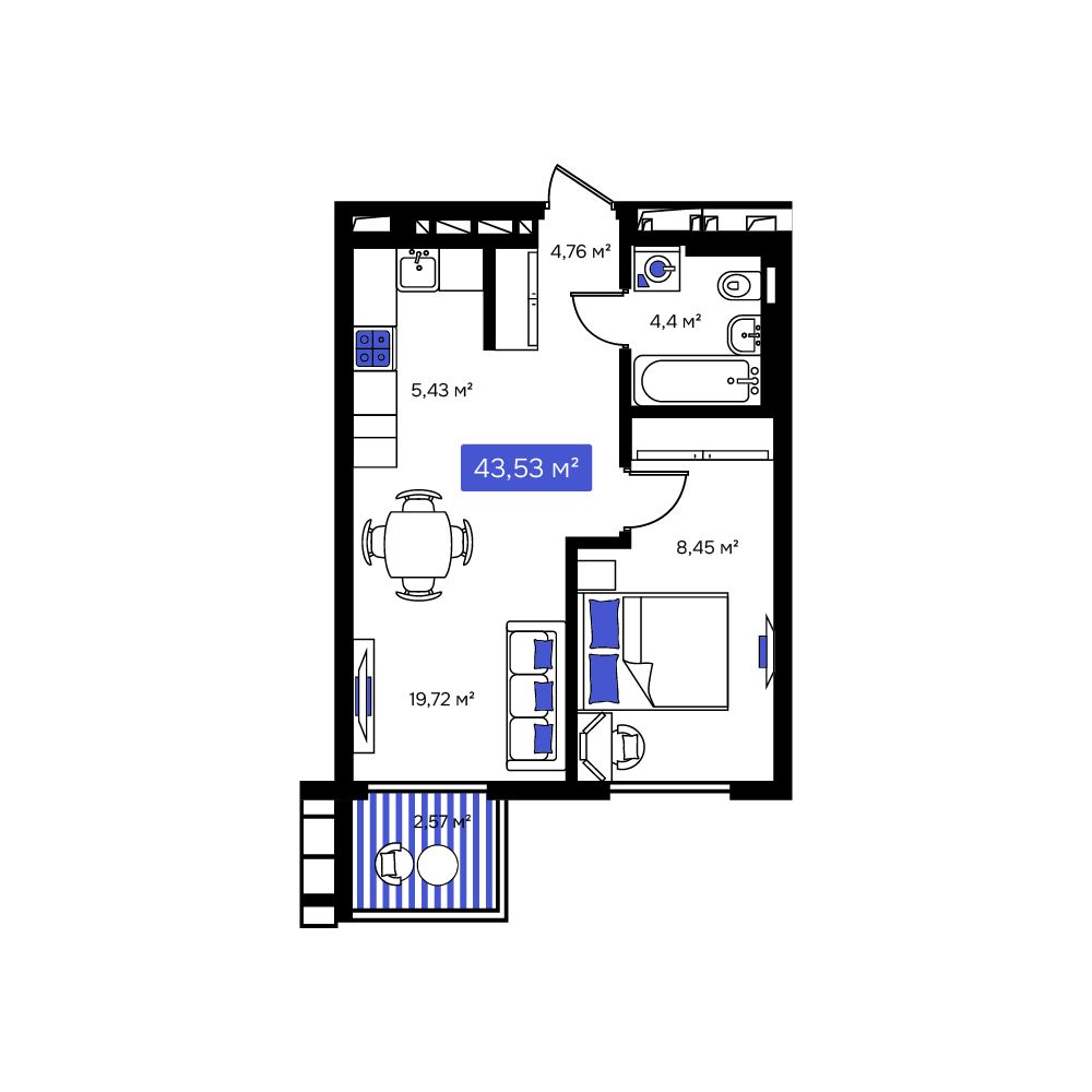1-комнатная, 43.53 м², № 70 в Визионер
