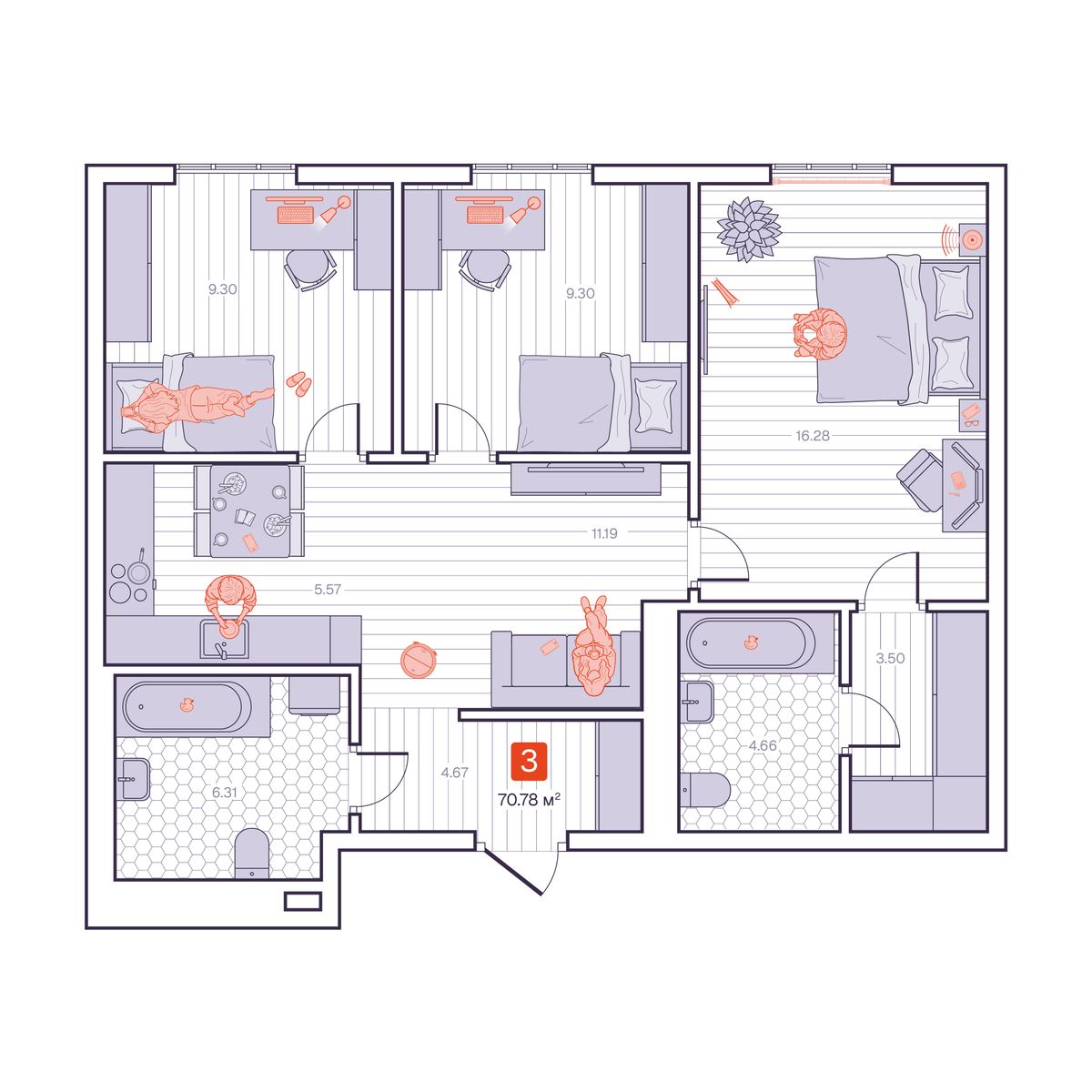 3-комнатная, 70.78 м², № 141 в Визионер