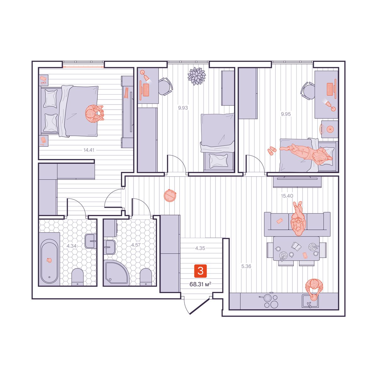 3-комнатная, 68.31 м², № 136 в Визионер