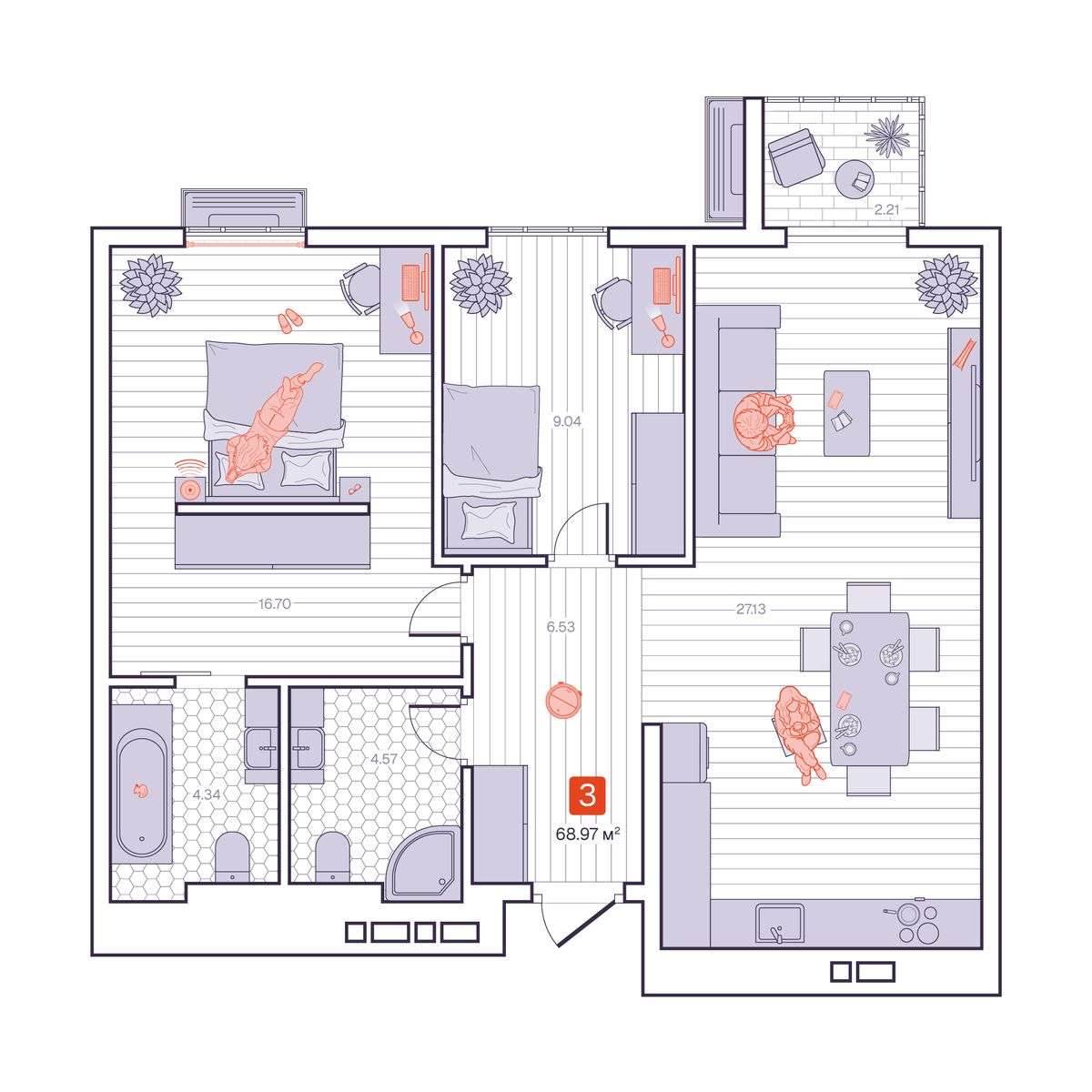 3-комнатная, 68.97 м², № 276 в Визионер
