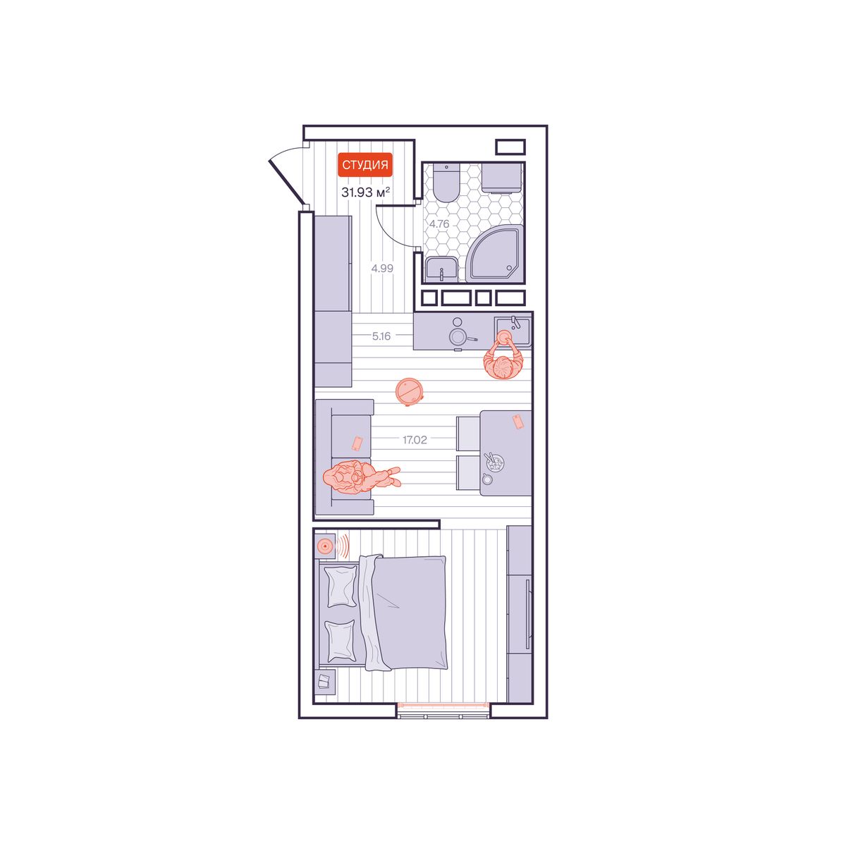 1-комнатная, 31.93 м², № 137 в Визионер