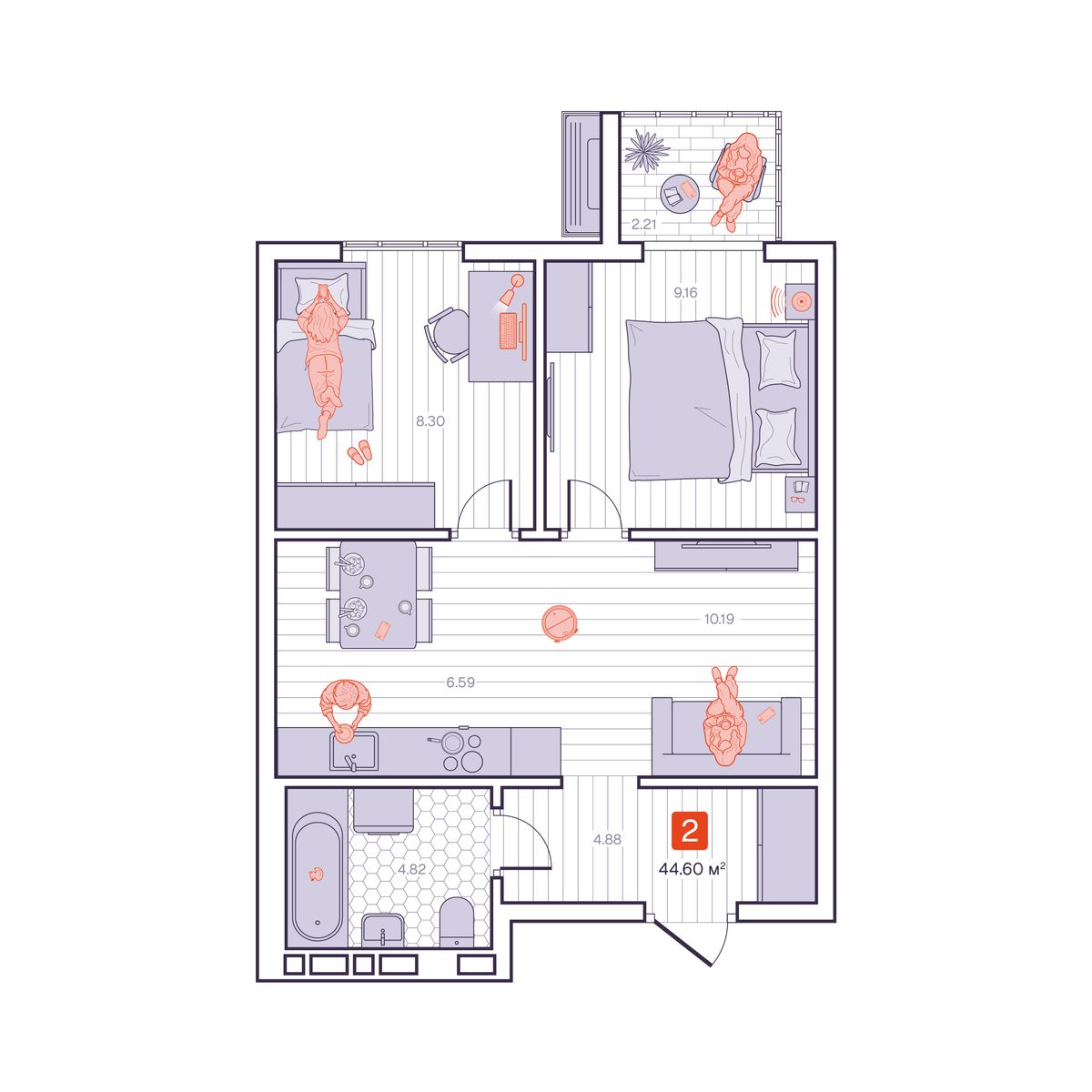 2-комнатная, 44.6 м², № 228 в Визионер
