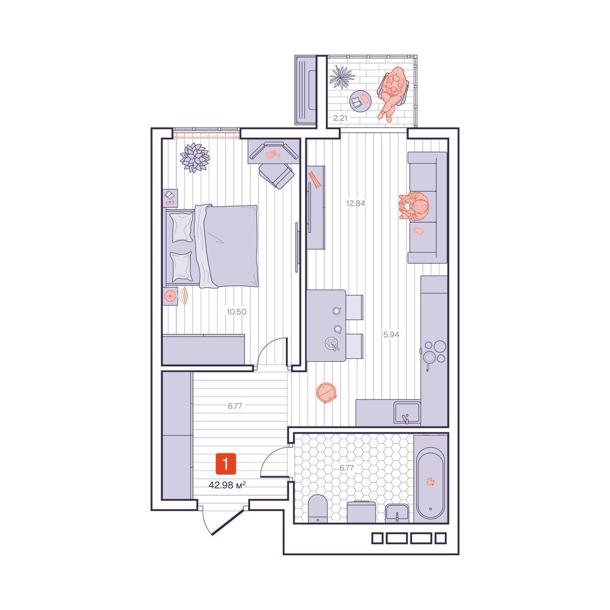 1-комнатная, 42.98 м², № 117 в Визионер