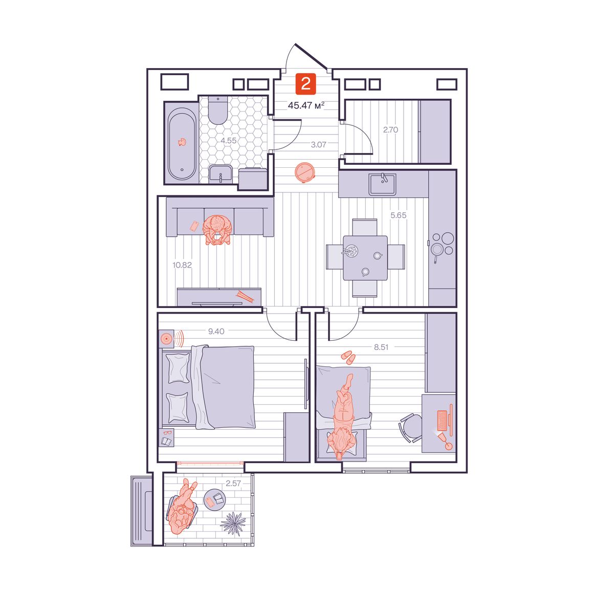 2-комнатная, 45.47 м², № 119 в Визионер
