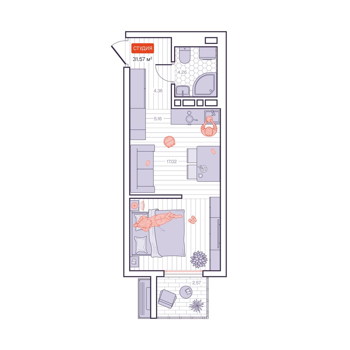 1-комнатная, 31.57 м², № 108 в Визионер