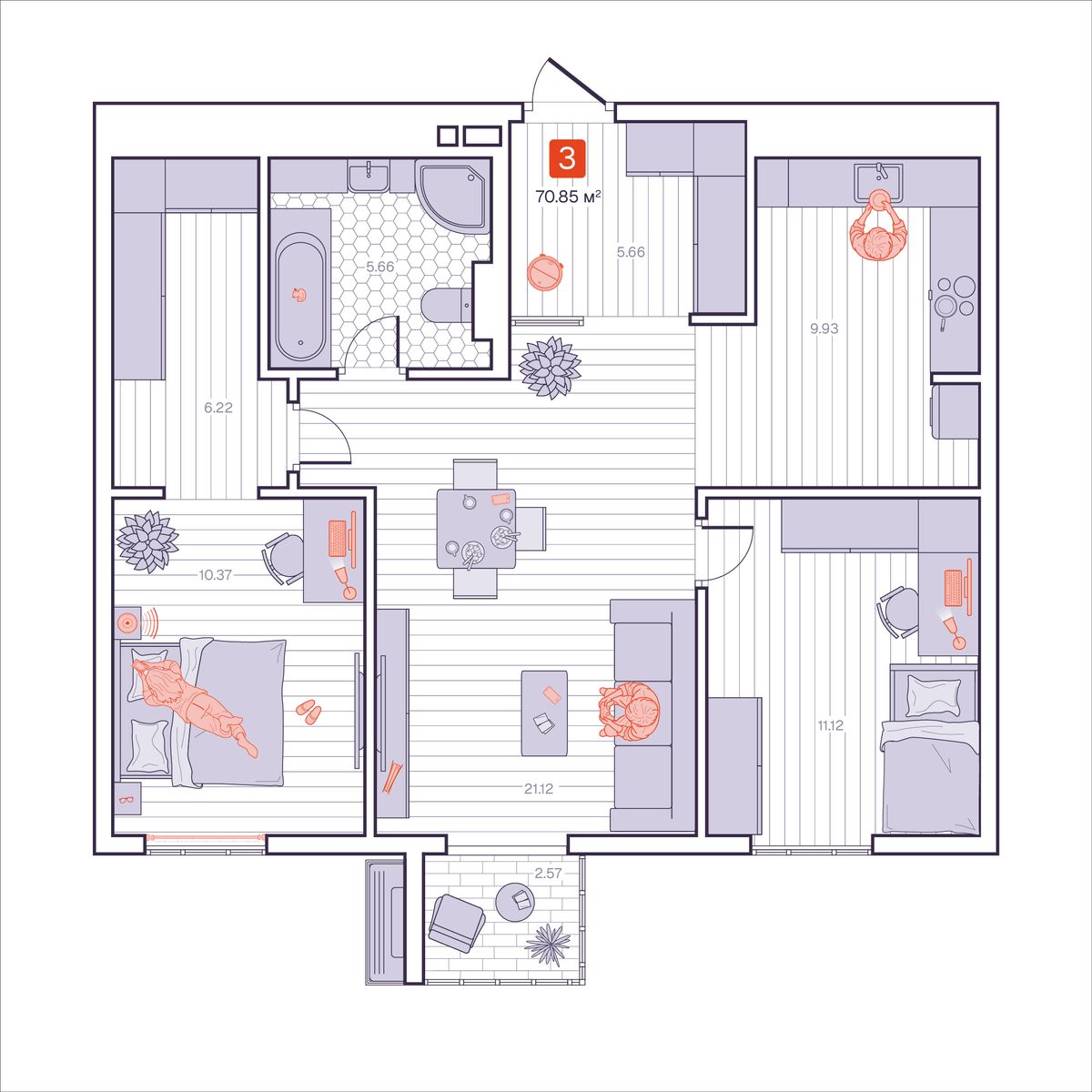 3-комнатная, 70.85 м², № 320 в Визионер