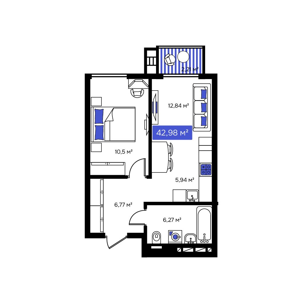 1-комнатная, 42.98 м², № 37 в Визионер