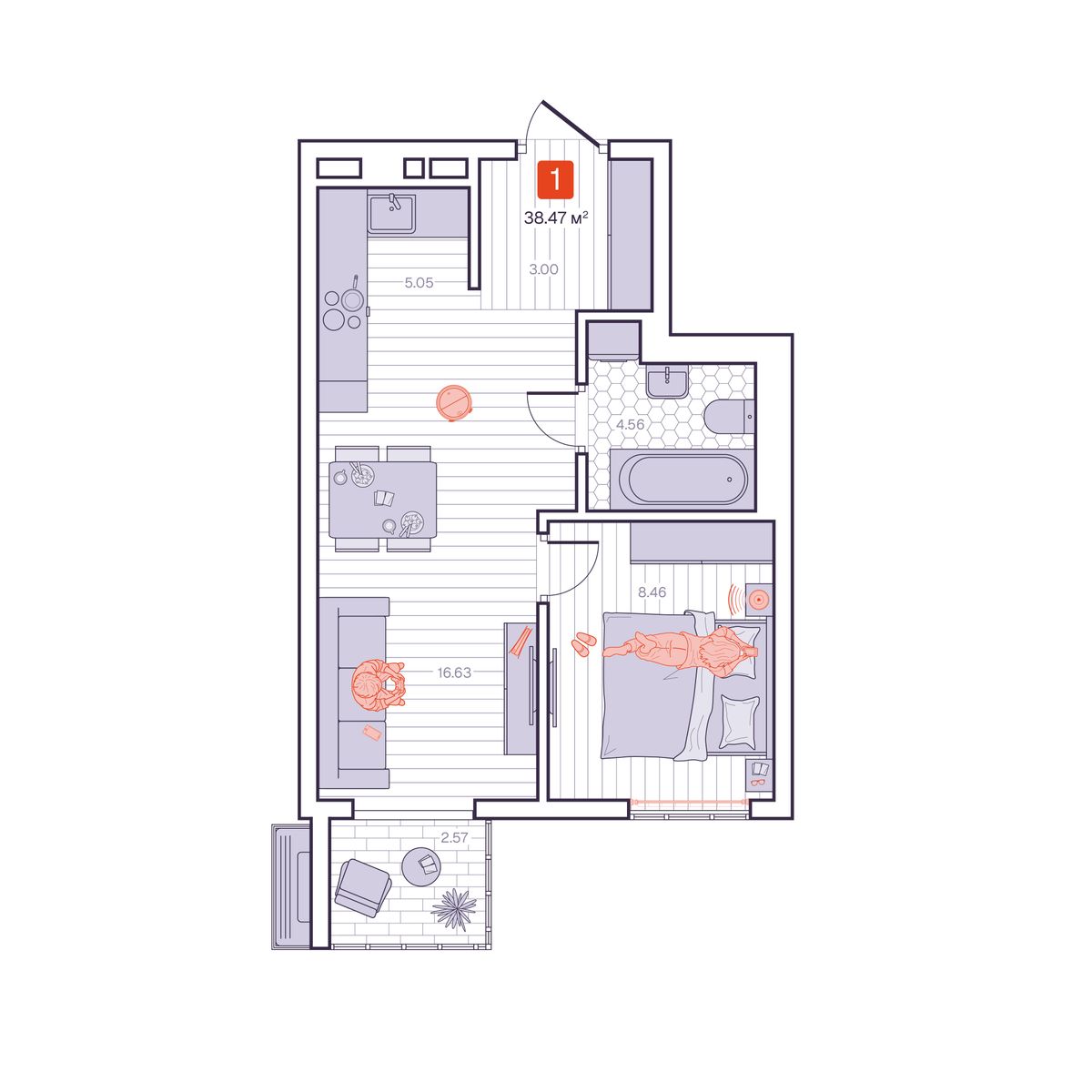1-комнатная, 38.47 м², № 388 в Визионер