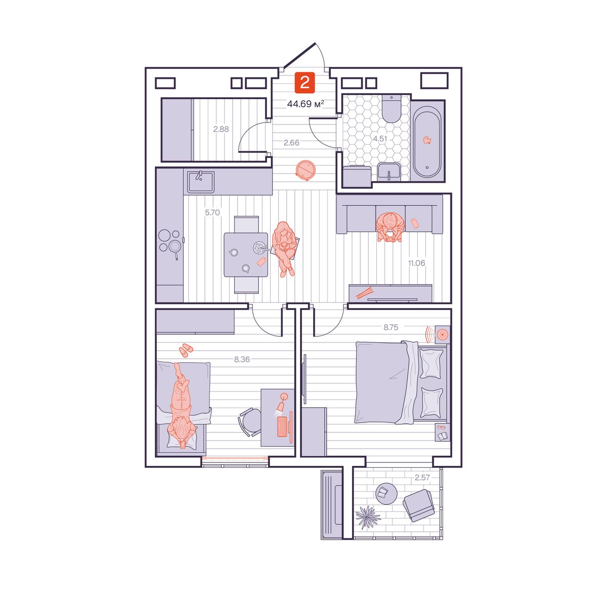 2-комнатная, 44.69 м², № 463 в Визионер