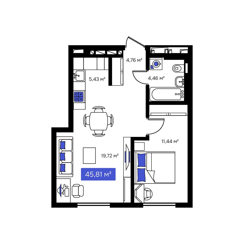 1-комнатная, 45.81 м², № 5 в Визионер