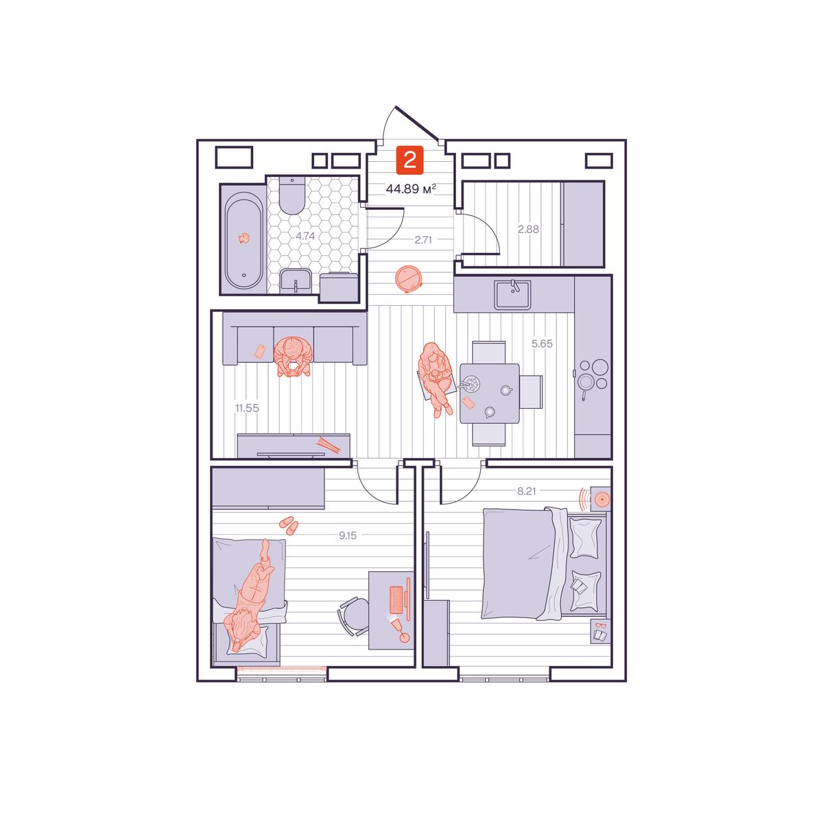 2-комнатная, 44.89 м², № 138 в Визионер