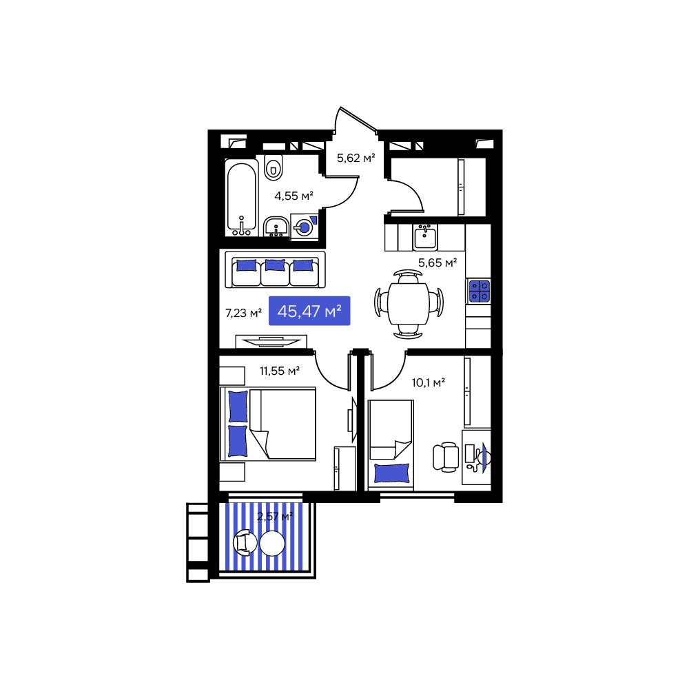 2-комнатная, 45.47 м², № 69 в Визионер