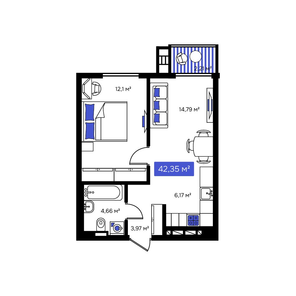 1-комнатная, 42.35 м², № 105 в Визионер