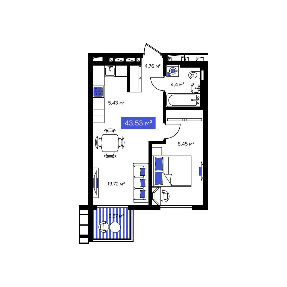 1-комнатная, 43.53 м², № 40 в Визионер