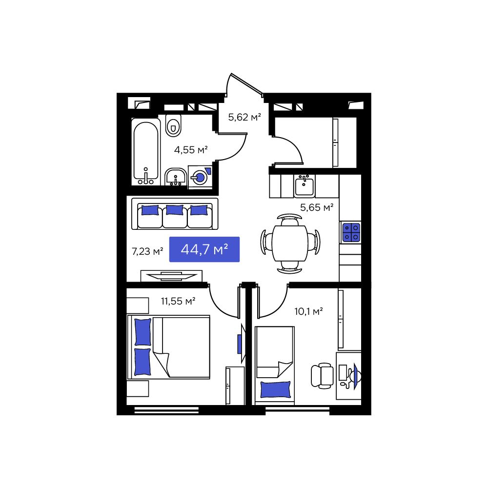 2-комнатная, 44.7 м², № 9 в Визионер