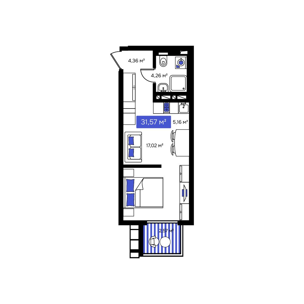 1-комнатная, 31.57 м², № 38 в Визионер