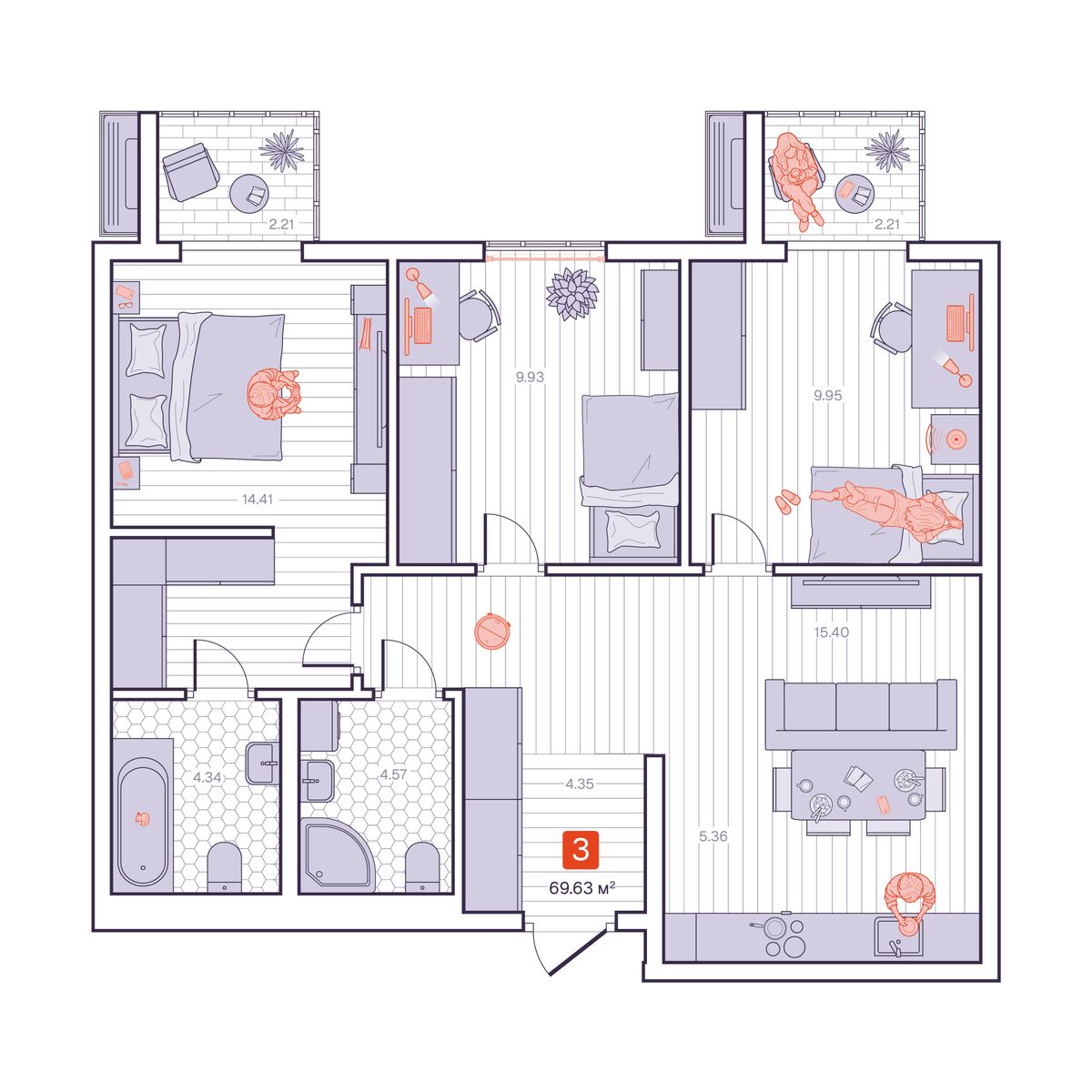 3-комнатная, 69.63 м², № 222 в Визионер