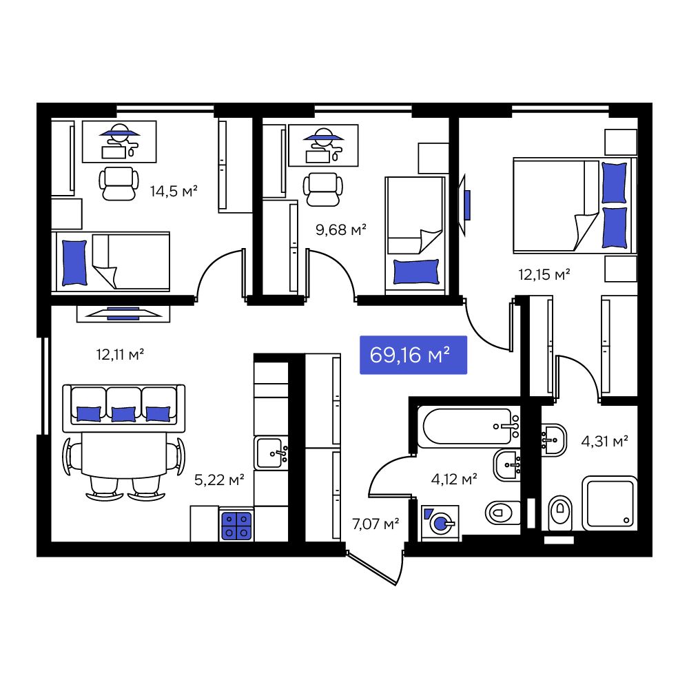 3-комнатная, 69.16 м², № 14 в Визионер