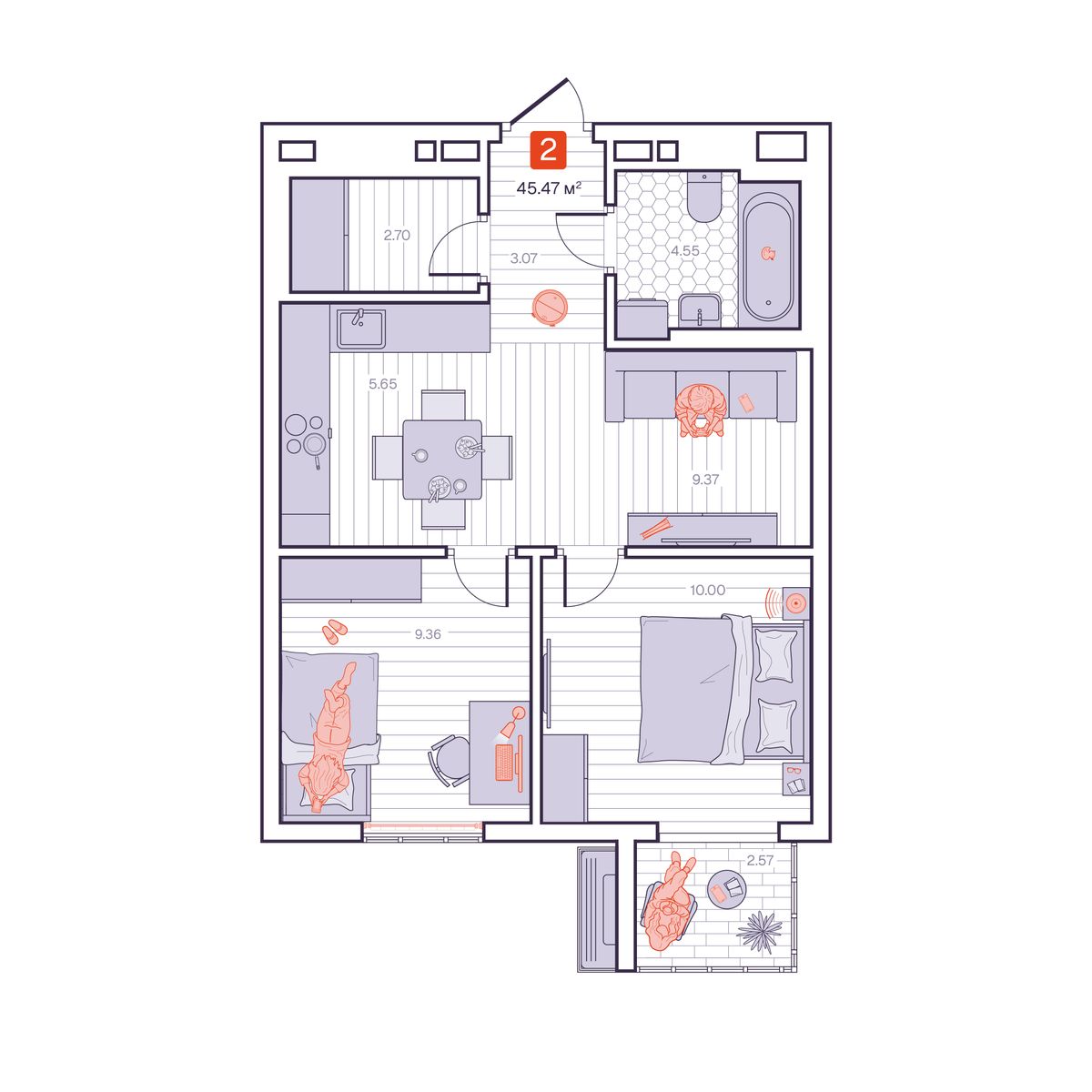 2-комнатная, 45.47 м², № 112 в Визионер