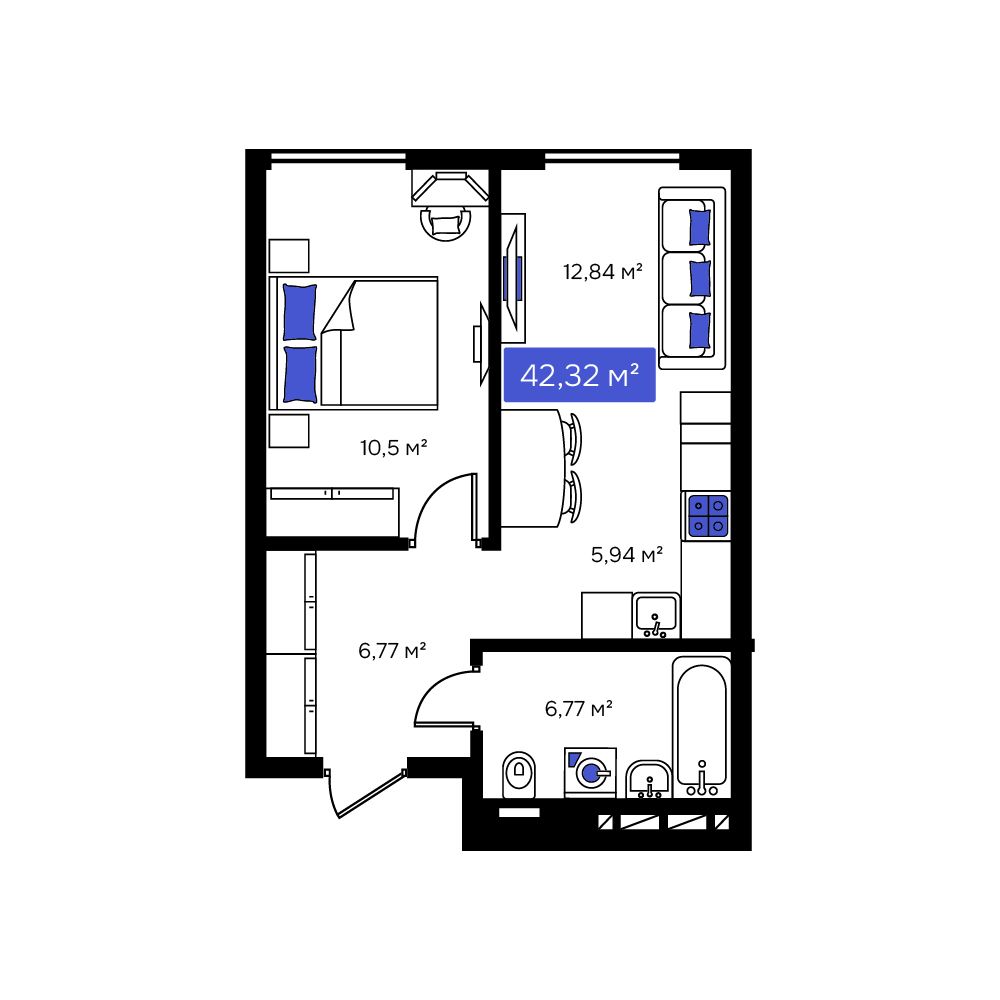 1-комнатная, 42.82 м², № 2 в Визионер