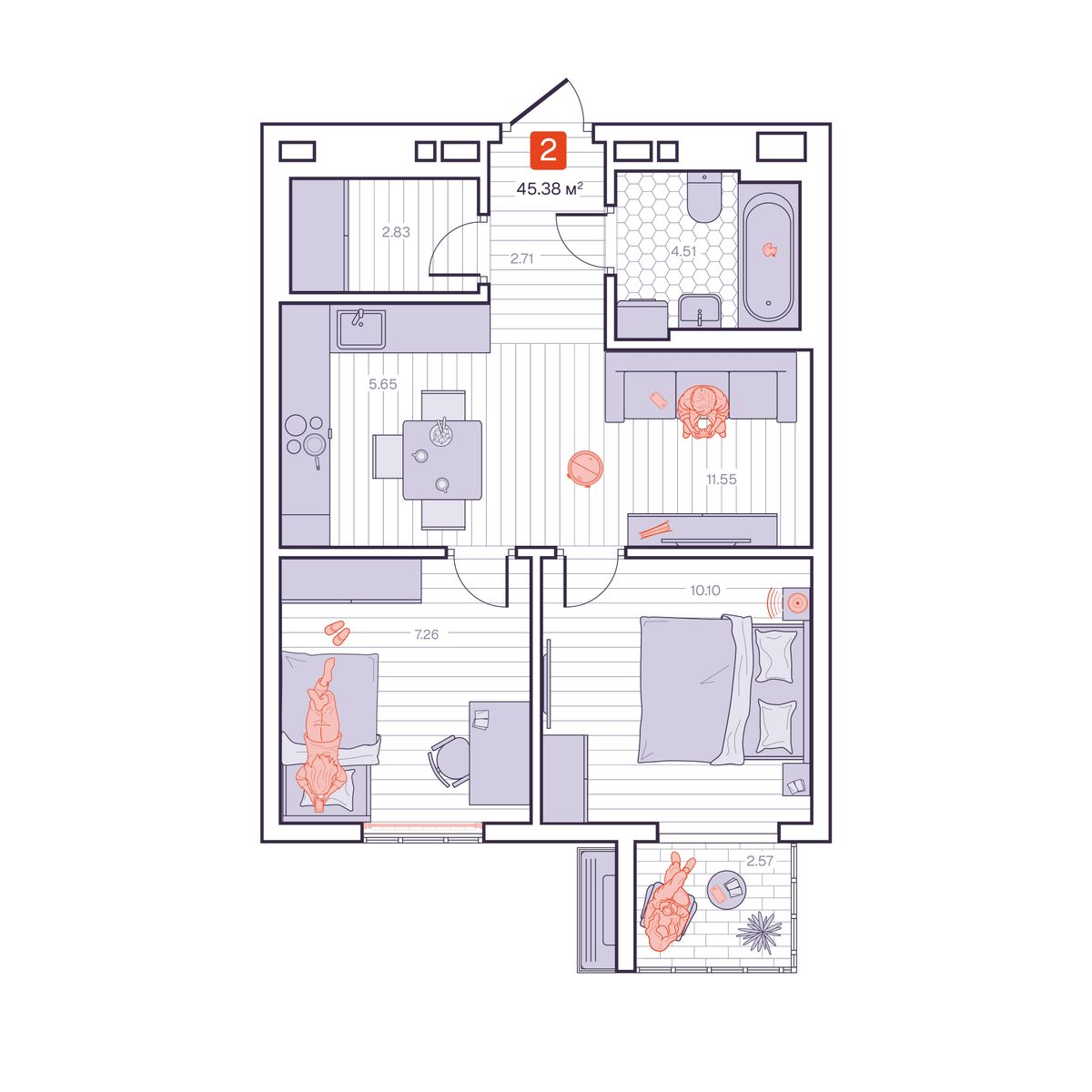 2-комнатная, 45.38 м², № 153 в Визионер