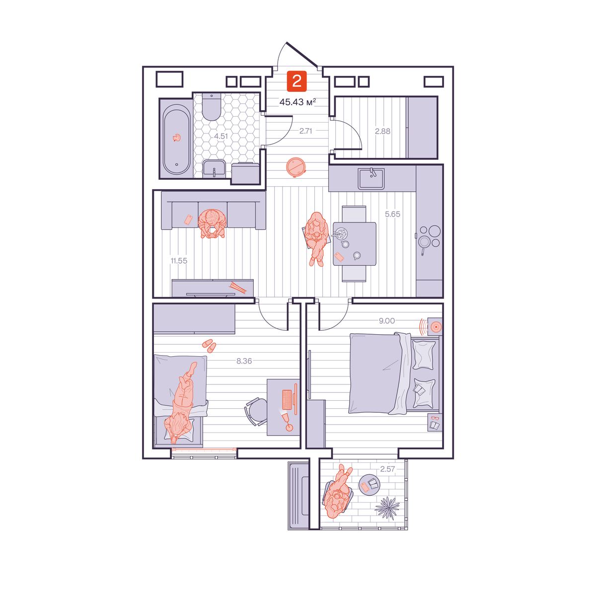 2-комнатная, 45.43 м², № 184 в Визионер