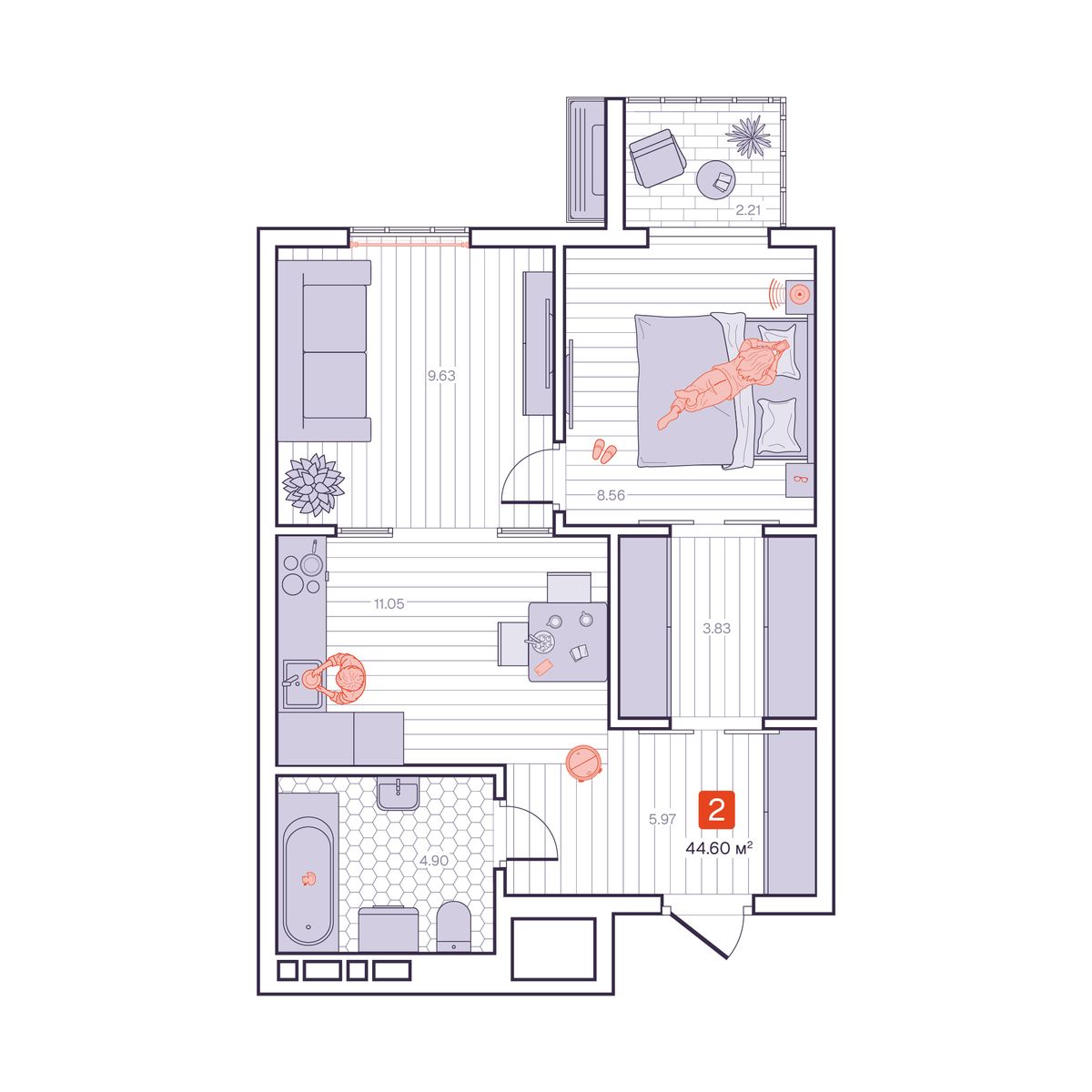 2-комнатная, 44.6 м², № 298 в Визионер