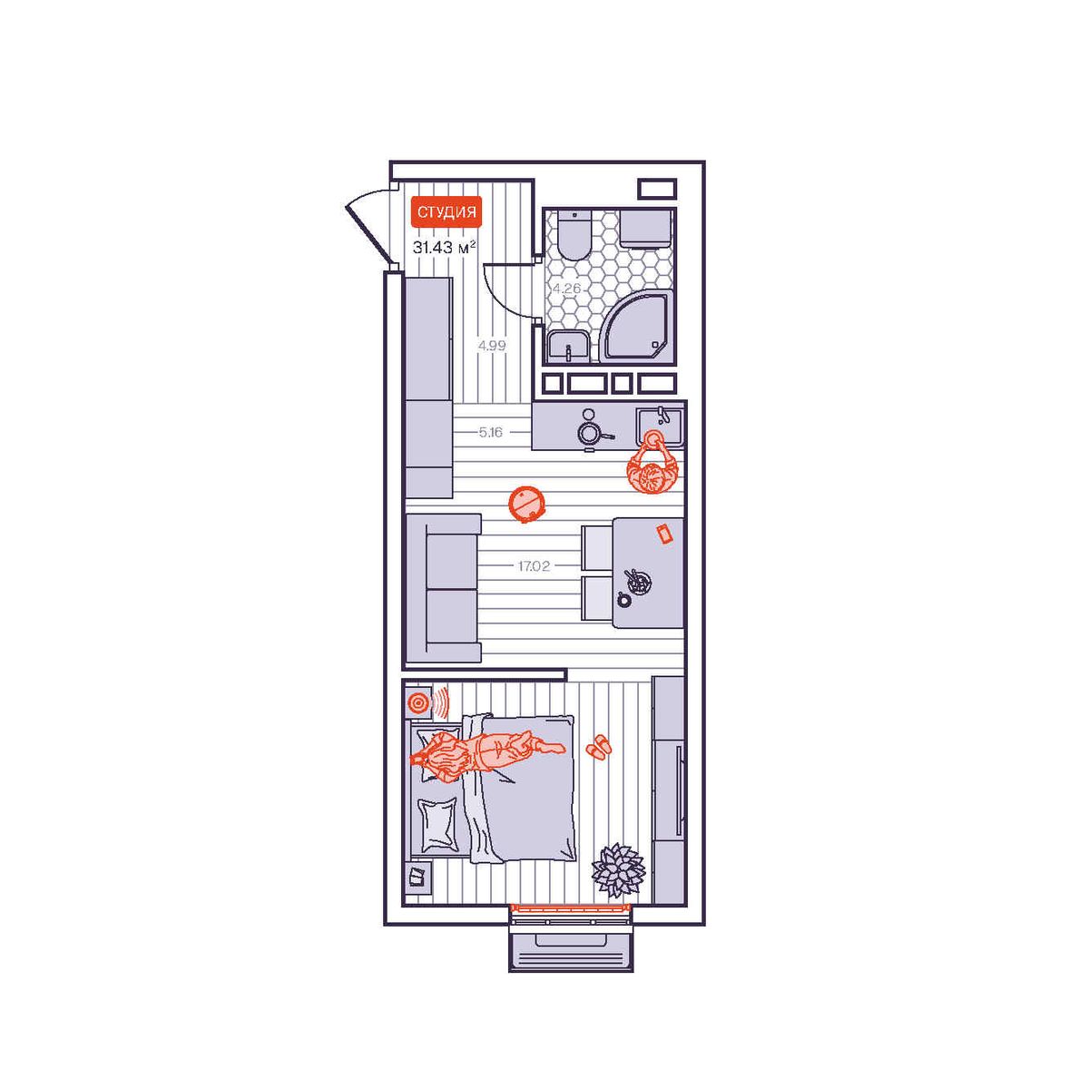 1-комнатная, 31.43 м², № 253 в Визионер