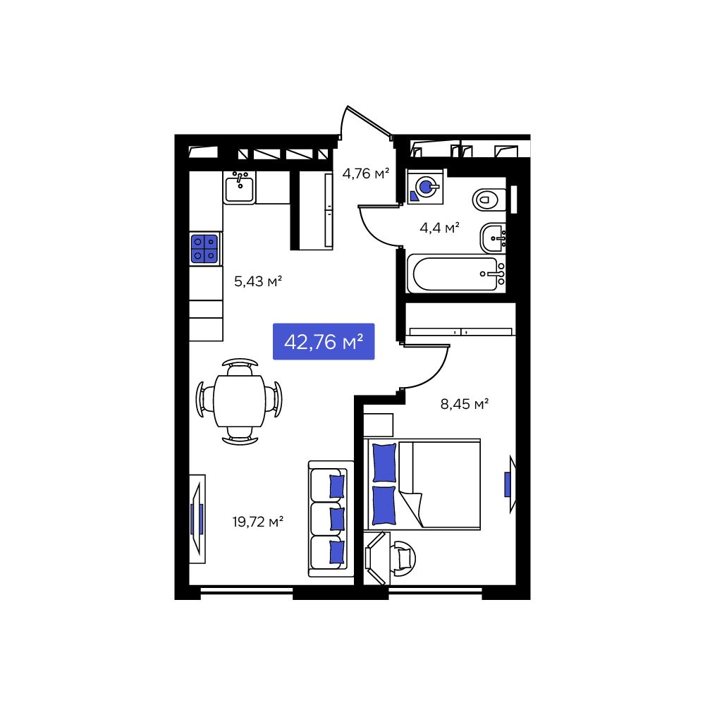 1-комнатная, 42.76 м², № 10 в Визионер