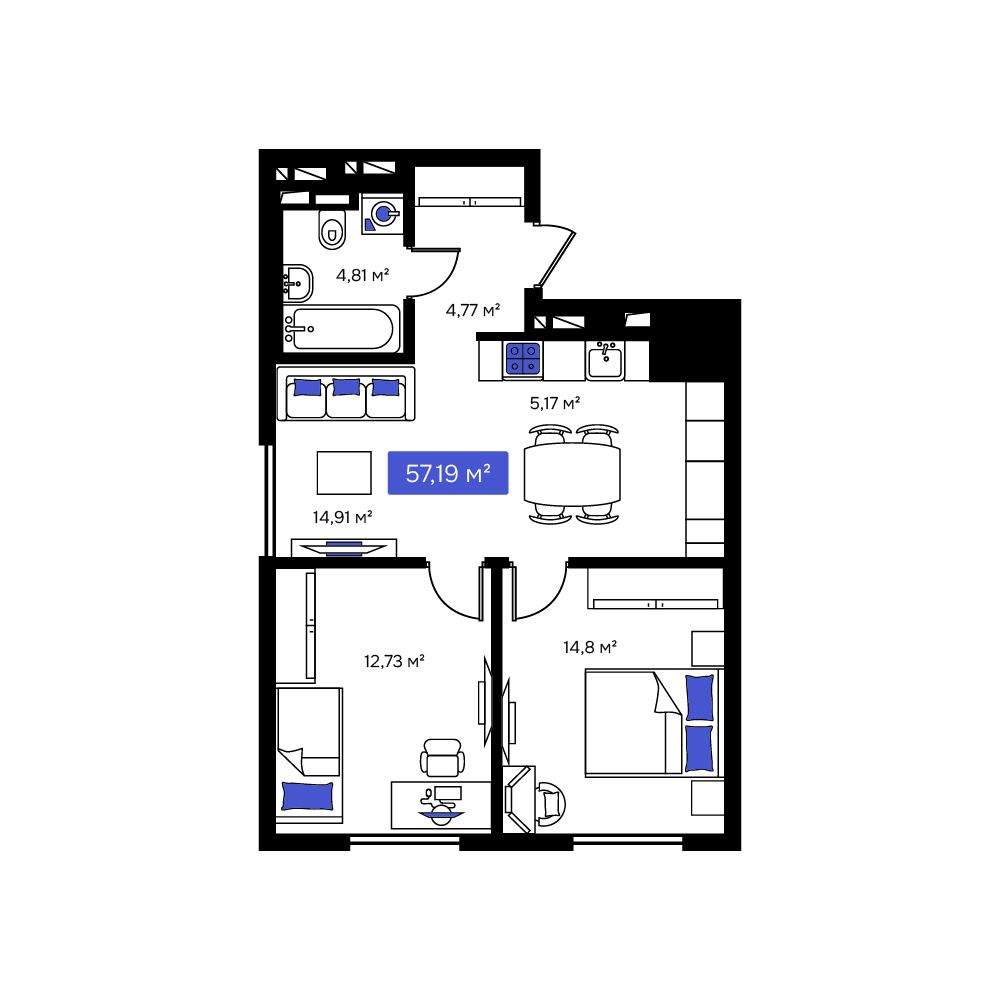 2-комнатная, 57.19 м², № 13 в Визионер
