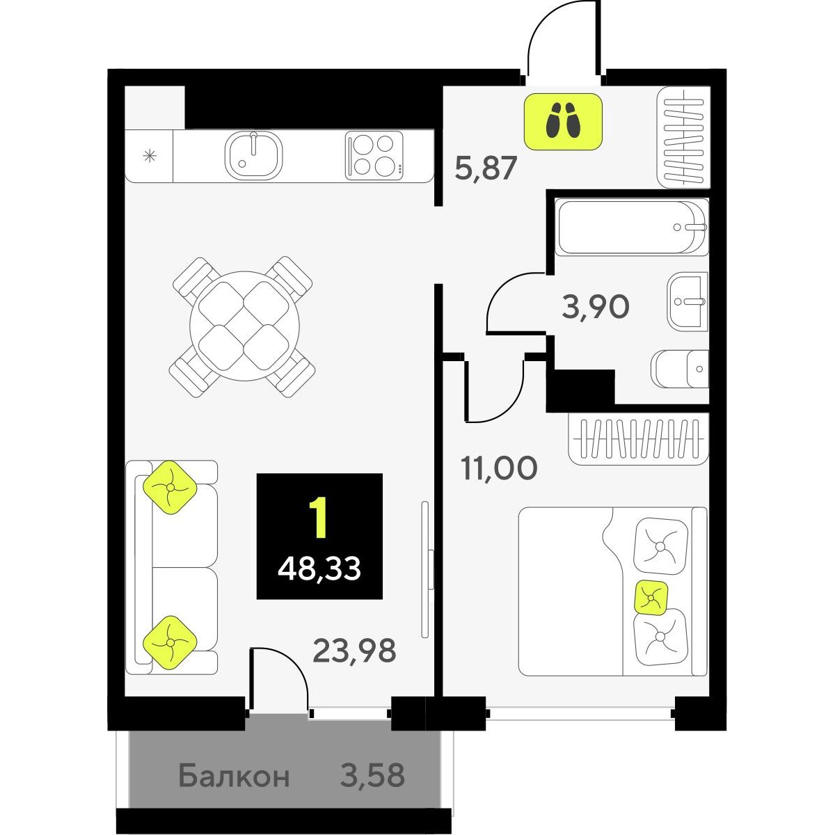 1-комнатная квартира, 48.33 кв.м, ЖК «Дивный квартал у озера» 1-комнатная квартира, 48.33 кв.м, ЖК «Дивный квартал у озера»