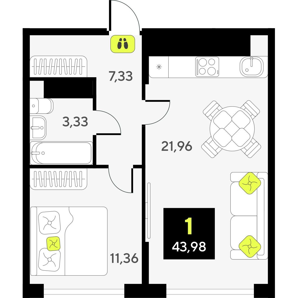 1-комнатная, 43.98 м2, ЖК «Дивный квартал у озера» 1-комнатная, 43.98 м2, ЖК «Дивный квартал у озера»