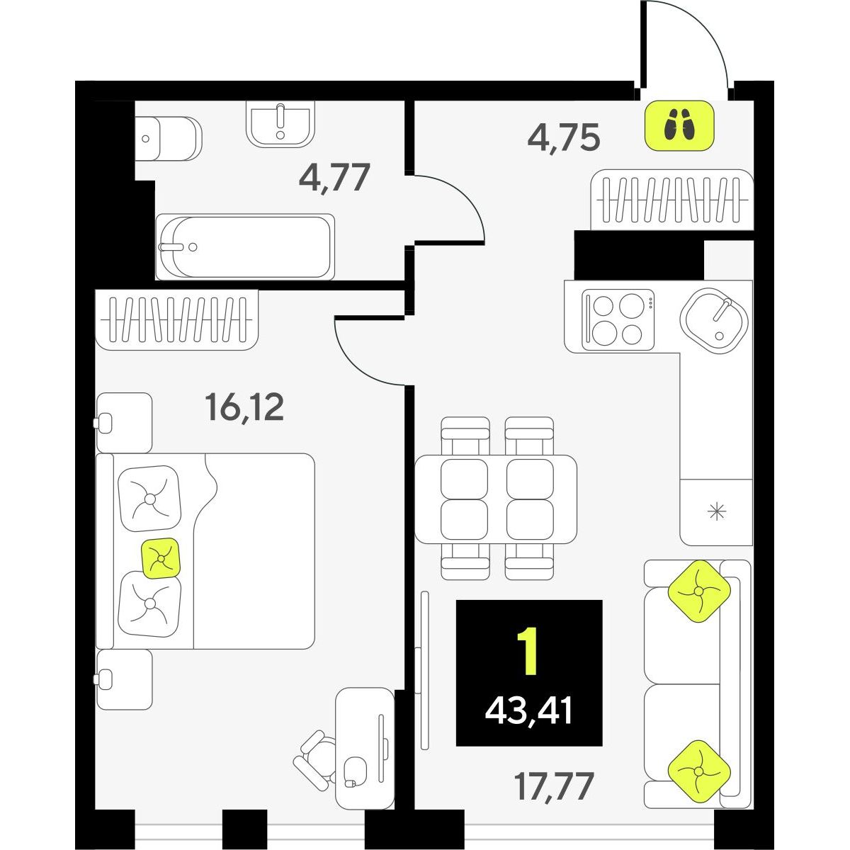 1-комнатная, 43.41 м2, ЖК «Дивный квартал у озера» 1-комнатная, 43.41 м2, ЖК «Дивный квартал у озера»
