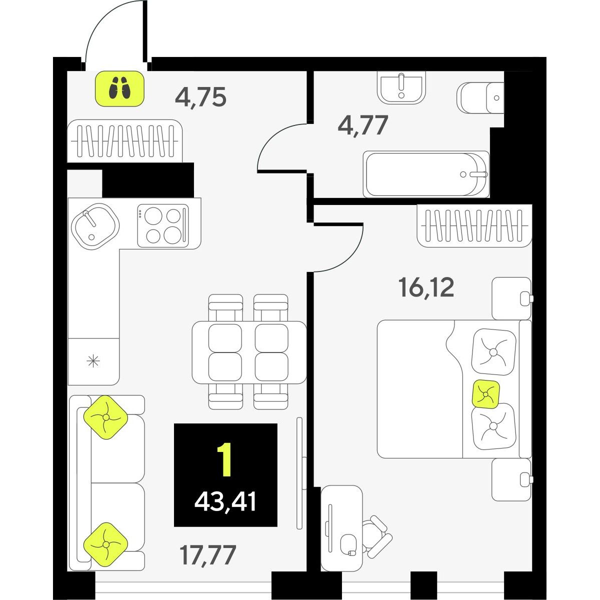 1-комнатная, 43.41 м2, ЖК «Дивный квартал у озера» 1-комнатная, 43.41 м2, ЖК «Дивный квартал у озера»