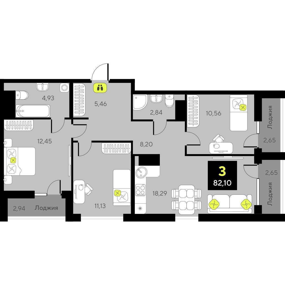 3-комнатная, 82.1 м2, ЖК «Дивный квартал у озера» 3-комнатная, 82.1 м2, ЖК «Дивный квартал у озера»