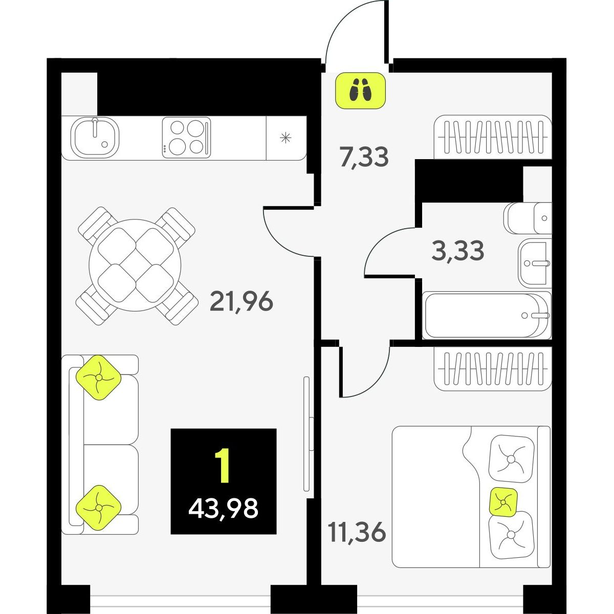 1-комнатная, 43.98 м2, ЖК «Дивный квартал у озера» 1-комнатная, 43.98 м2, ЖК «Дивный квартал у озера»