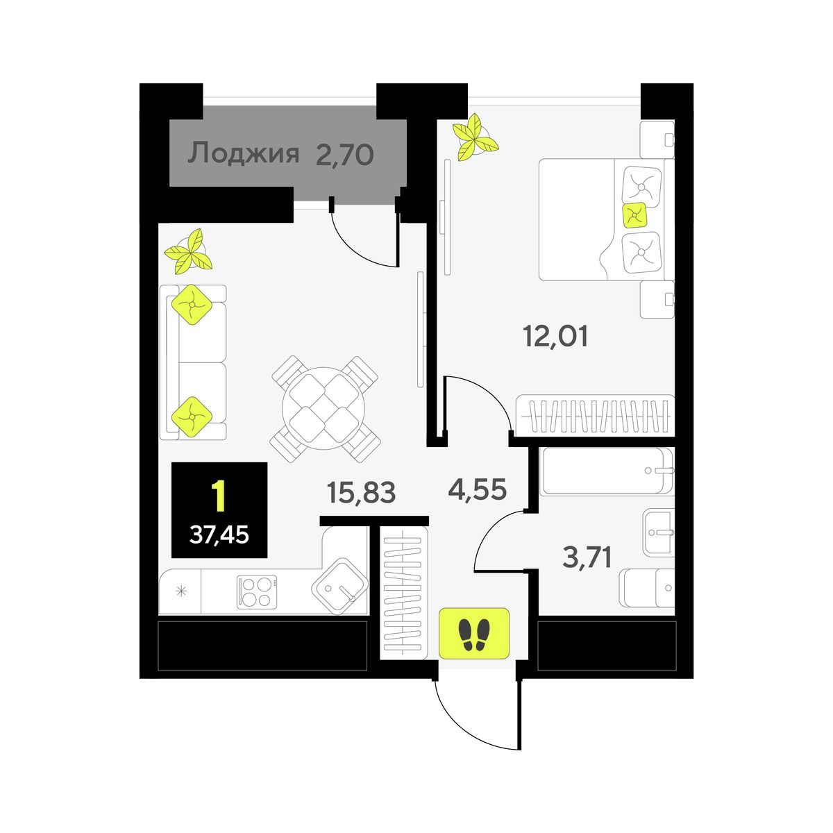 1-комнатная, 37.45 м2, ЖК «Мотивы» 1-комнатная, 37.45 м2, ЖК «Мотивы»